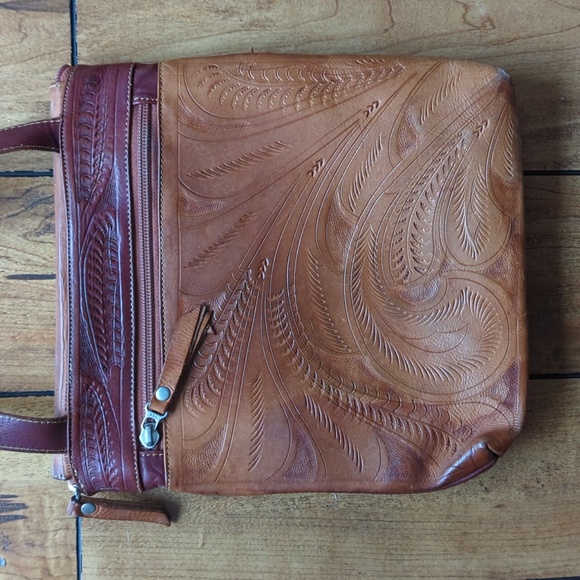 Leather Crossbody Patterned Bag, Tan & Maroon - Picture 2 of 11